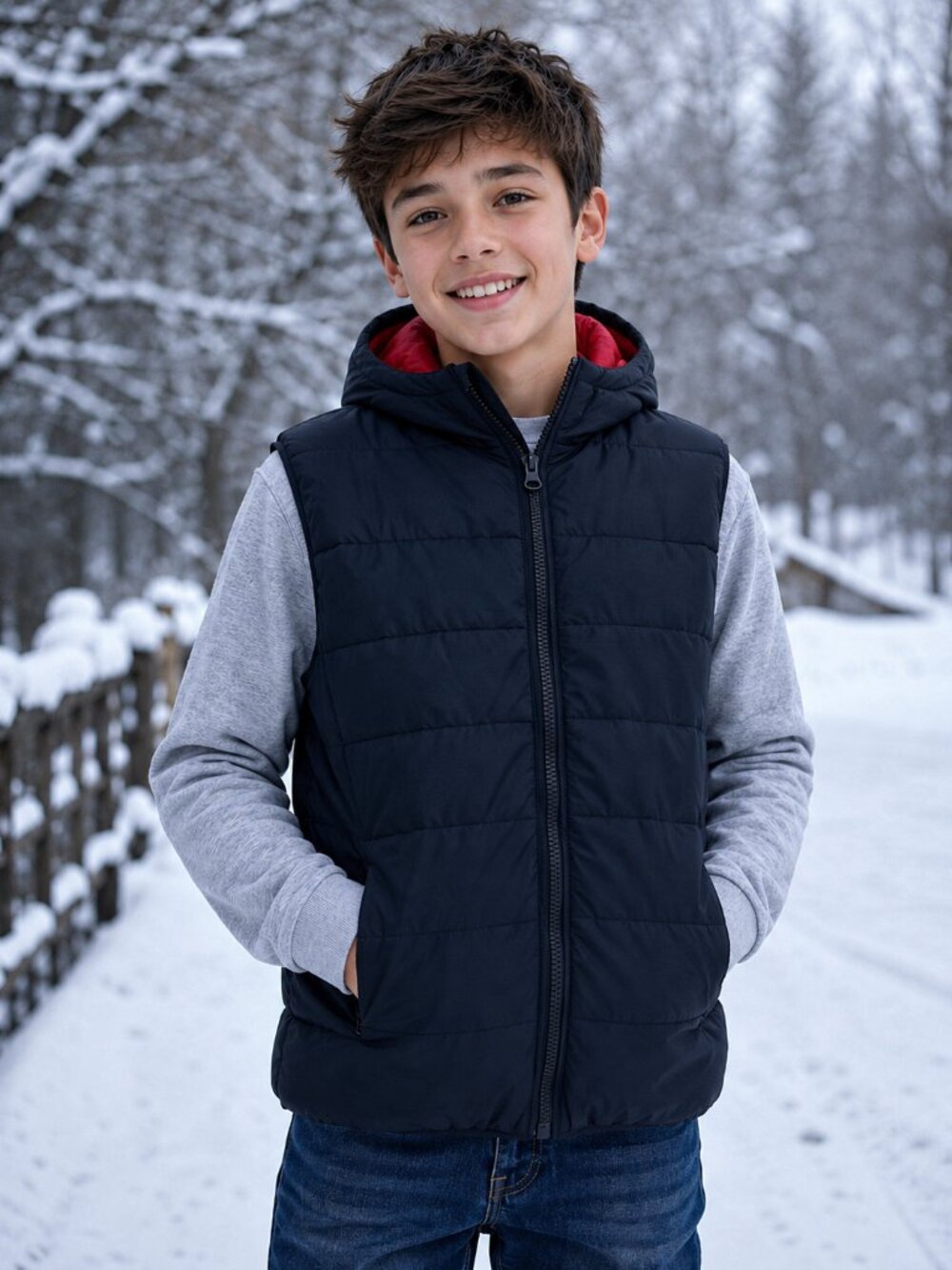 DIP Hooded Puffer Vest Youth XL Unisex Navy Blue Red Lining Full Zip Lightweight